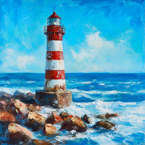 Vuurtoren aan zee onder een blauwe hemel