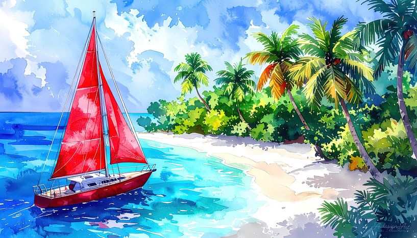 Zeilboot met felrode zeilen - In het warme blauw van de Caraïben naar de kust van verlangen van AidasignArt