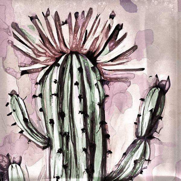 Flowering vintage cactus in pink and green by Anna Marie de Klerk