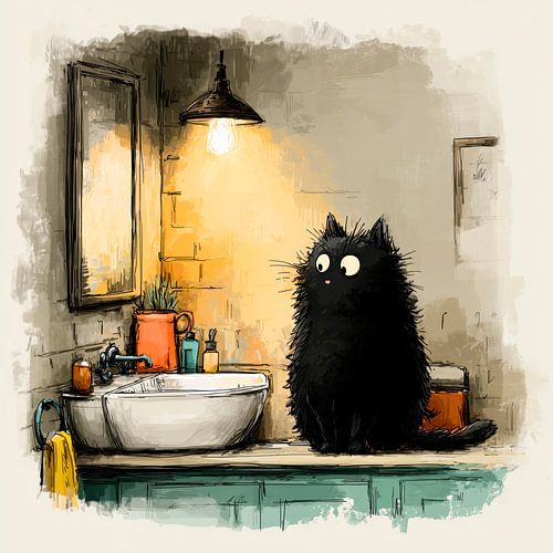 Zwarte kat in de badkamer bij de wastafel