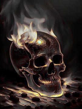 Een rokende vurige schedel in zwart en goud van Retrotimes