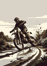 Monochromer Motocross-Fahrer, der durch einen schlammigen Trail pflügt – dynamische Action-Illustration von Adam Khabibi