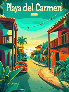 Playa del Carmen Zonsondergang Boulevard: Retro Mexico Poster