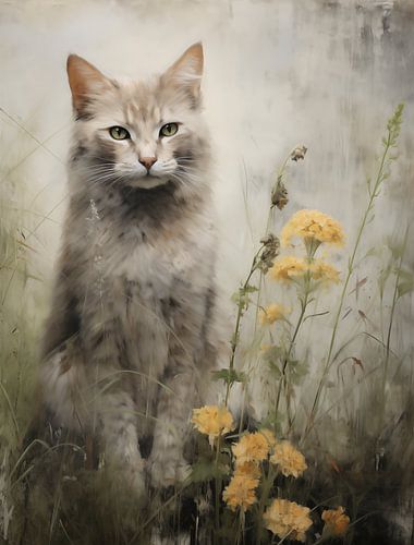 Grijze Kater met Gele Bloemen