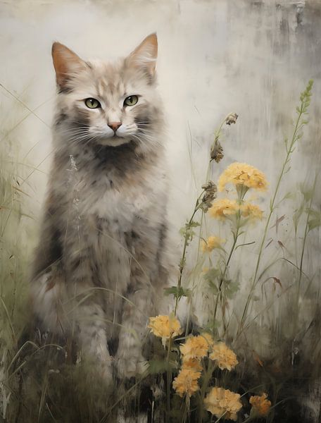 Grey Cat with Yellow Flowers by Emil Husstege