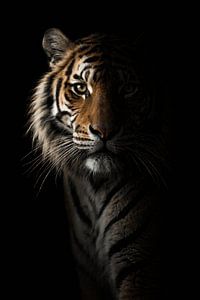 Portrait de tigre dans l'obscurité – affiche mystérieuse représentant la faune sauvage avec une aura puissante