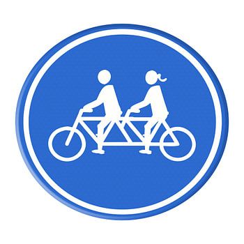 Straßenschild. Ehepaar auf einem Tandem. Mann/Frau.