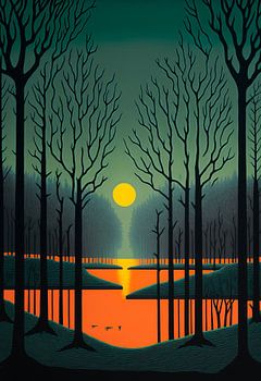 Coucher de soleil dans un marais d'hiver, surréalisme