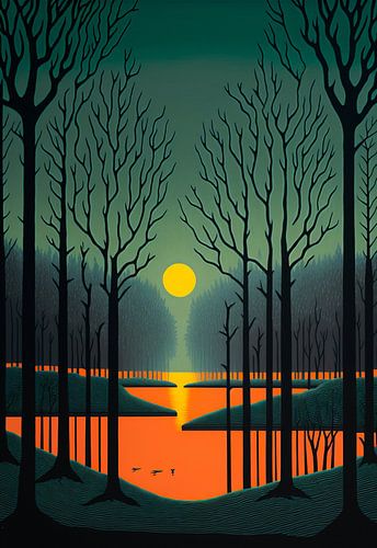 Sonnenuntergang in einem winterlichen Sumpf, Surrealismus