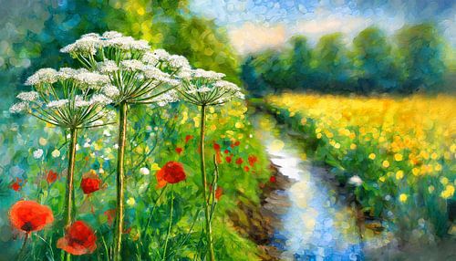 Large giant hogweed and poppy along the ditch.