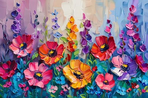 Kleurrijk schilderij van een bloemenveld