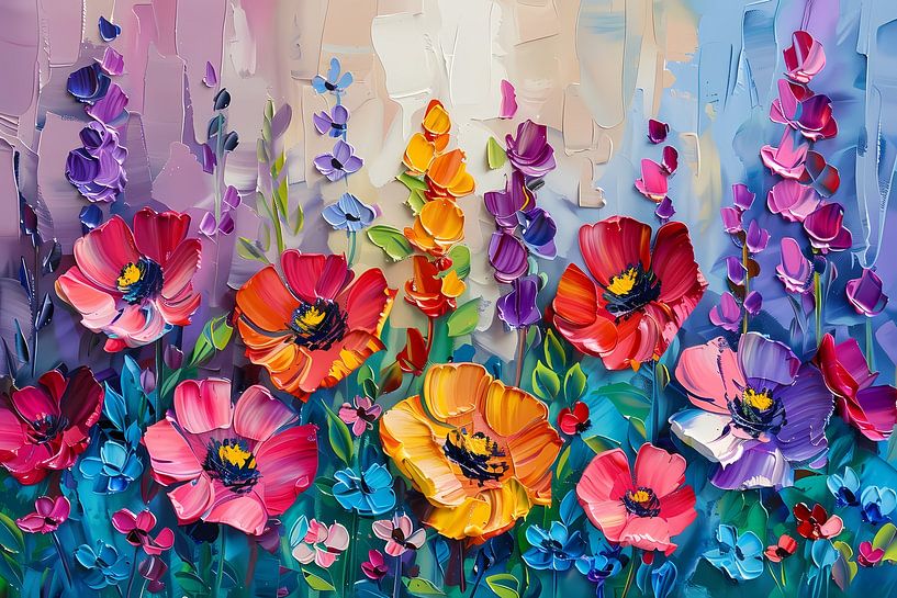 Buntes Gemälde eines Blumenfeldes von Art & Soul Creations