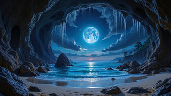 Fantasy Wall Art: NOCTILORA – Kustgrot met uitzicht op de zee onder de volle maan