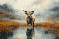 Scottish Highlander in Mirrored Mountain Landscape by Eva Lee thumbnail