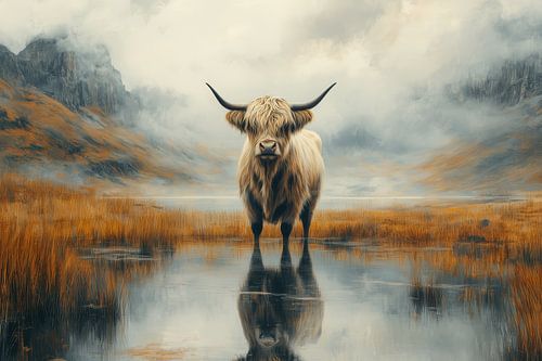 Scottish Highlander in Mirrored Mountain Landscape