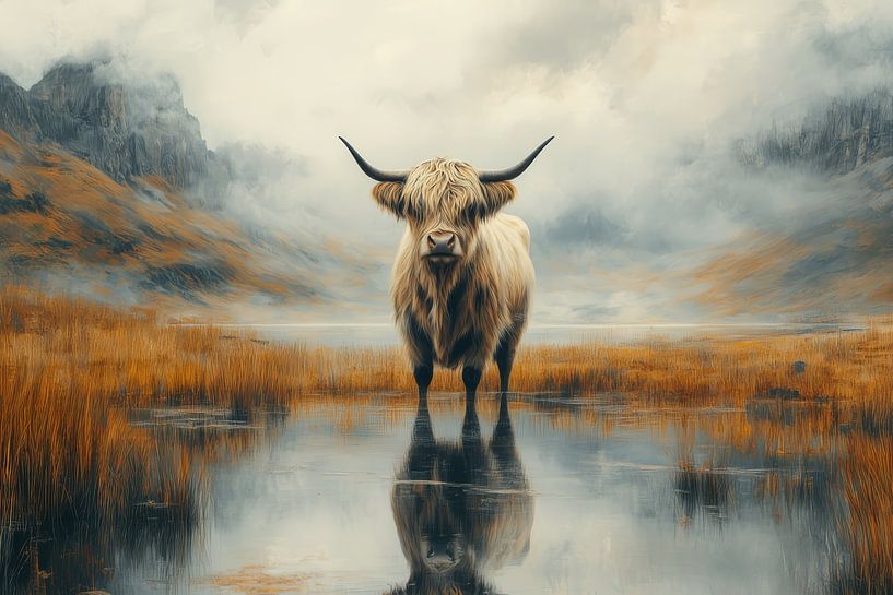 Scottish Highlander in Mirrored Mountain Landscape by Eva Lee