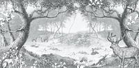 Forest with forest animals in mono shade of vintage blue