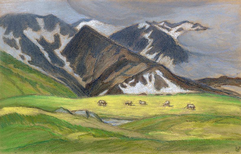 Swiss alpine landscape with grazing cows, LUDWIG VON HOFMANN, ca. 1895-1899 by Atelier Liesjes