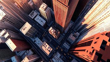Sunset over modern city by Frank Heinz