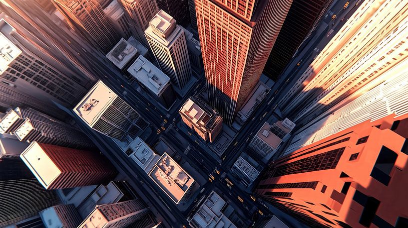 Sunset over modern city by Frank Heinz