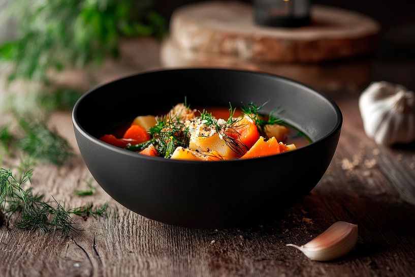 Savoury vegetable stew in a black bowl by Poster Art Shop