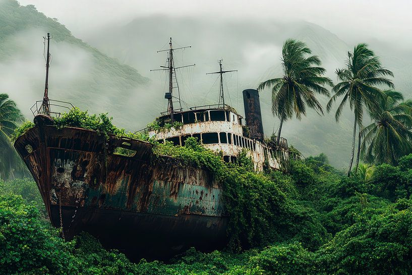 Abandoned ship in dense vegetation by Poster Art Shop