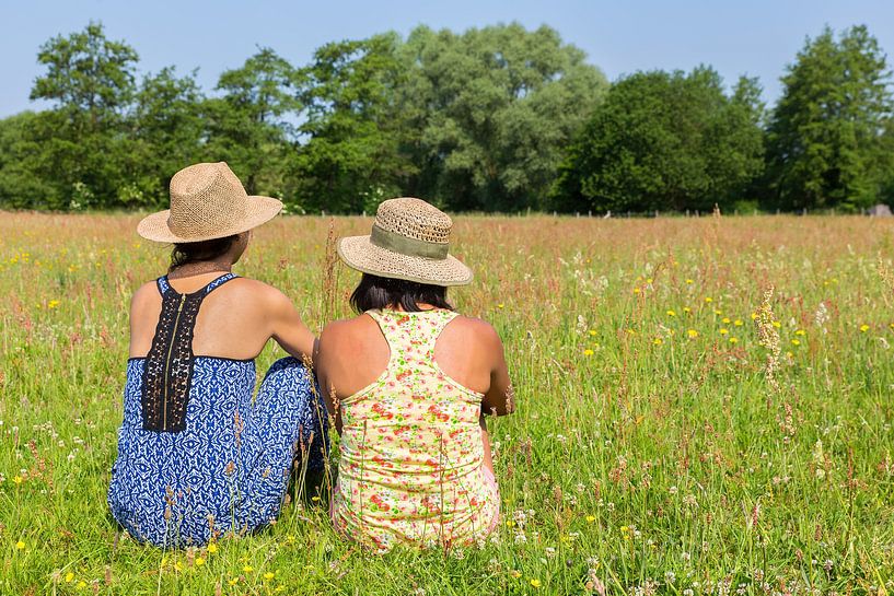 Two young women with hat are sitting together in meadow with wild flowers by Ben Schonewille