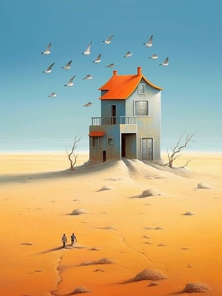 surrealistisch huis strand vogels zand mensen lucht kust van gm_designs