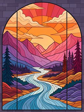 Rivier Zonsondergang Gebrandschilderd Glas Landschap van Artistic