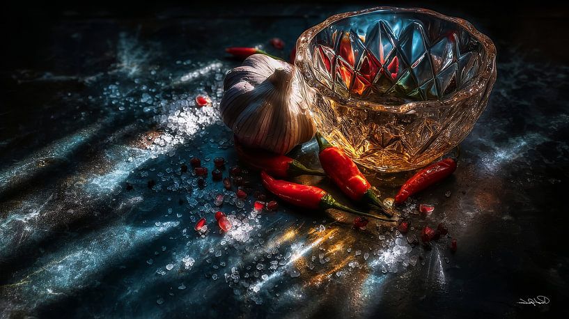 rote Paprika - Knoblauch - Limette - Zitrone auf schwarzem Hintergrund mit dramatischem Licht von Gelissen Artworks