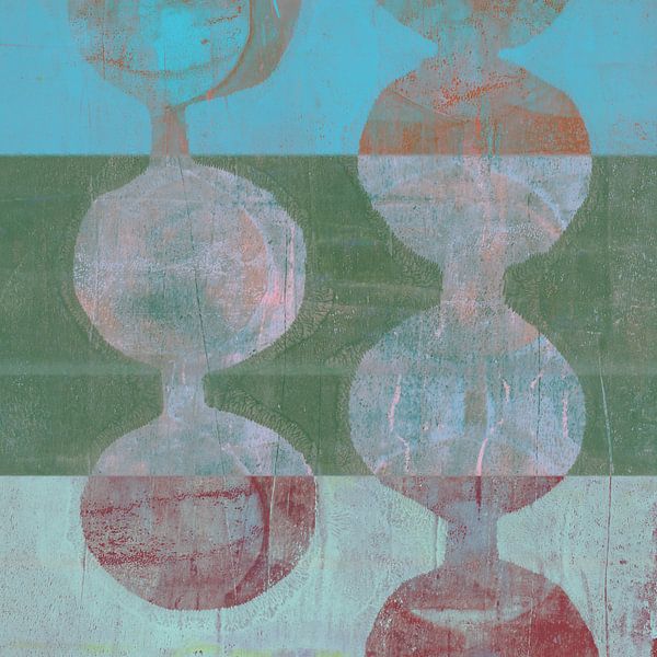Abstract shapes in green, blue, red, light terra. Contemporary mixed media by Dina Dankers