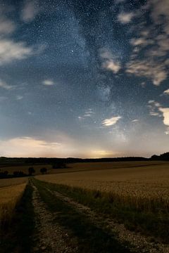 Milky Way in the night sky above grain field on the Swabian Alb