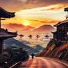 Tijdloze Schoonheid: Zonsondergang in een Oud Japans Dorp met Bergzicht van Bart Ros