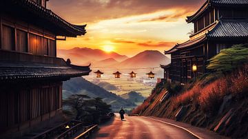 Zeitlose Schönheit: Sonnenuntergang in einem alten japanischen Dorf mit Bergblick von Bart Ros