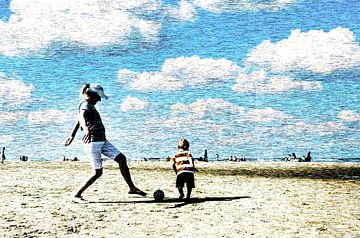 Sommerszene am Strand mit einer Frau, die mit einem Kleinkind spielt von John Duurkoop
