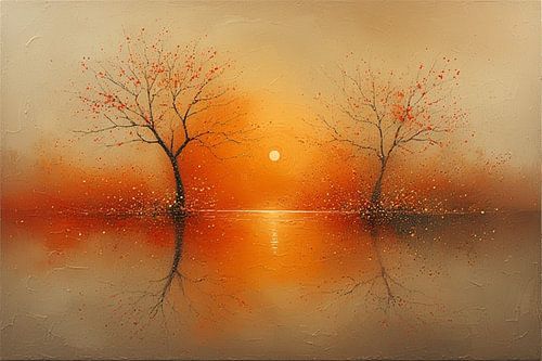 Een minimalistisch landschap oranje goud herfst bomen in de zonsondergang .