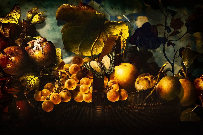Basket with Golden Age Fruit and a Butterfly by Helga Blanke
