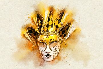 Masque de carnaval vénitien Harlequin en aquarelle dorée sur Andreea Eva Herczegh