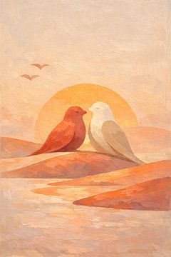 Romantische Vögel bei Sonnenuntergang Palettenmesser-Malerei von Kumo de Bloom