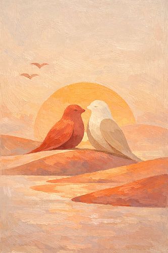 Romantic Birds at Sunset Palette Knife Painting