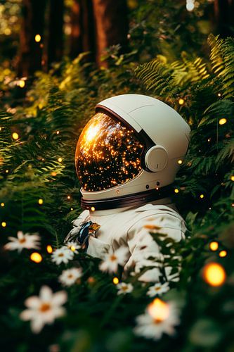 Astronaut in het bos met glinsterende lichtjes