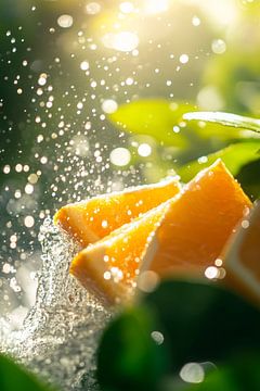 Frische Orangenstücke im Sprühnebel von Poster Art Shop