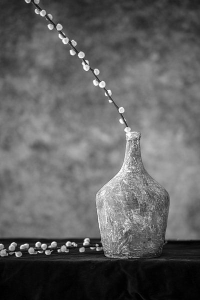 Stilllife of bottle with branches catkins by Ridder van Doorne