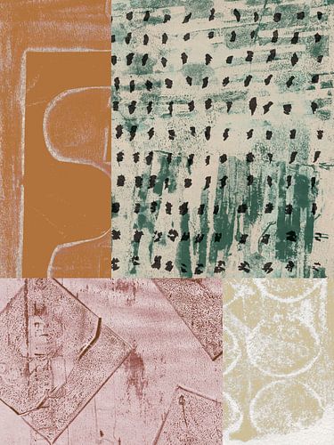Abstracte organische en geometrische vormen. Collage in roze, okergeel en grijsgroen.