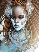 Portrait of a young black girl with a painted face. In folk costume.