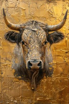 Golden Proud Bull Modern Texture Art by Eva Lee