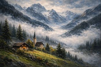 Village alpin brumeux avec église de montagne