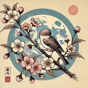 Moonflower - japandi painting with bird and blossom branch by Kleurenrijk