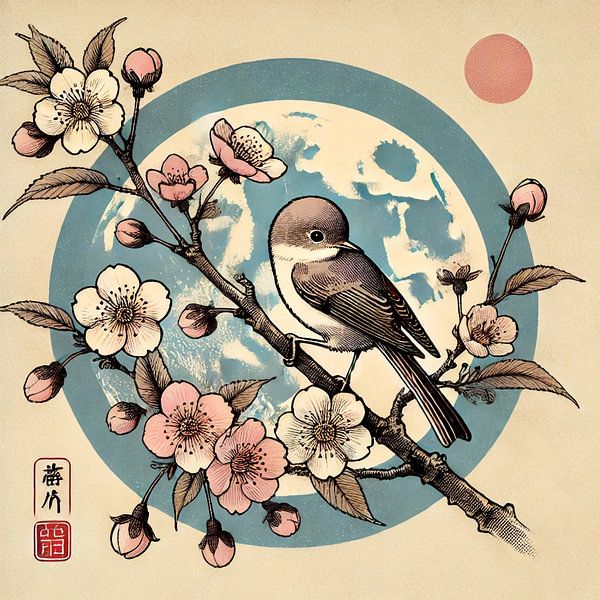 Moonflower - japandi painting with bird and blossom branch by Kleurenrijk