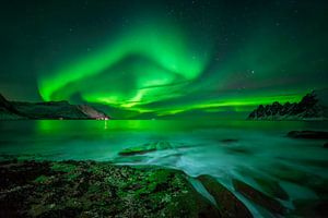 Aurora over Ersfjord and Tugeneset rocky coast with mountains in background, Norway